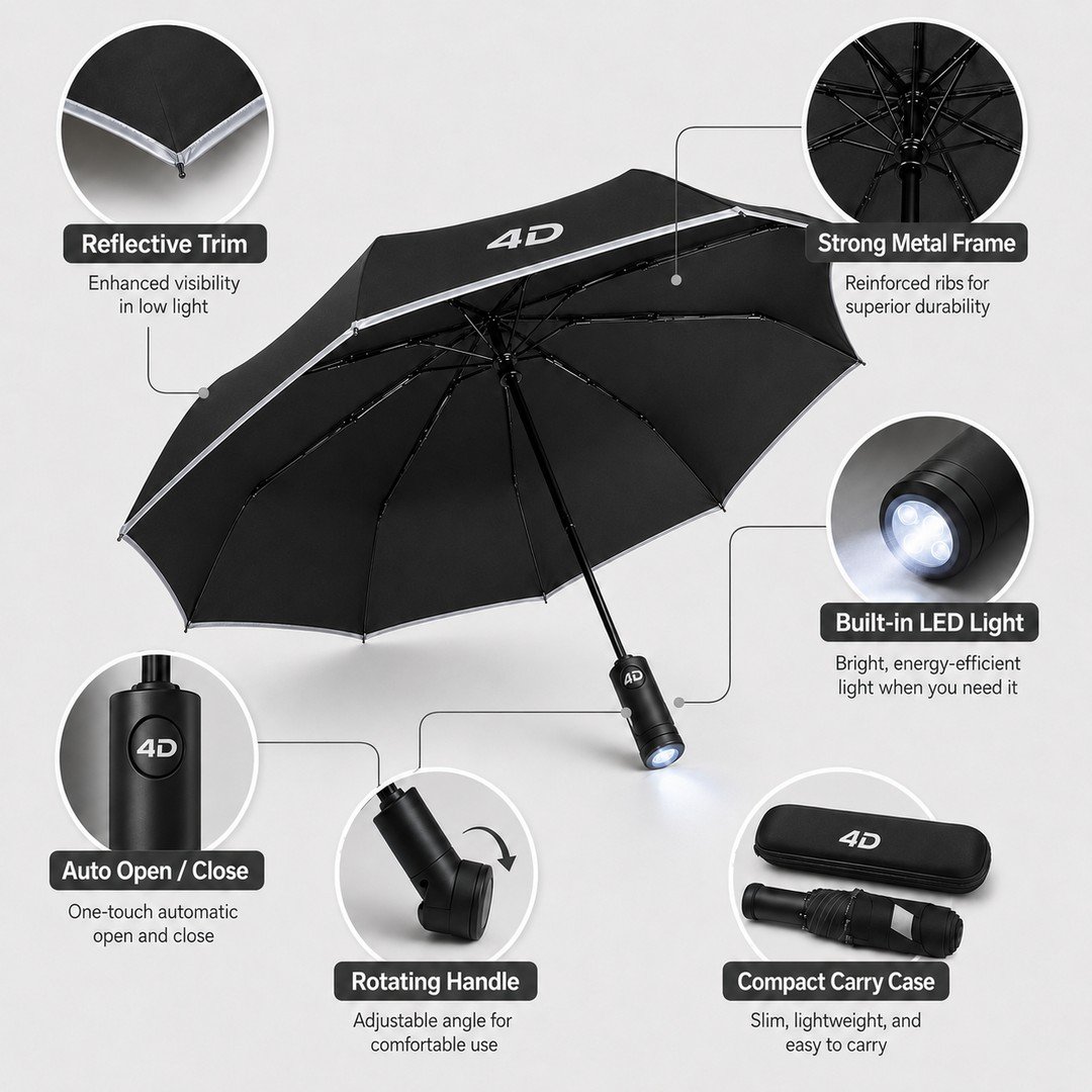 4D umbrella features — reflective trim, metal frame, LED light, auto open/close